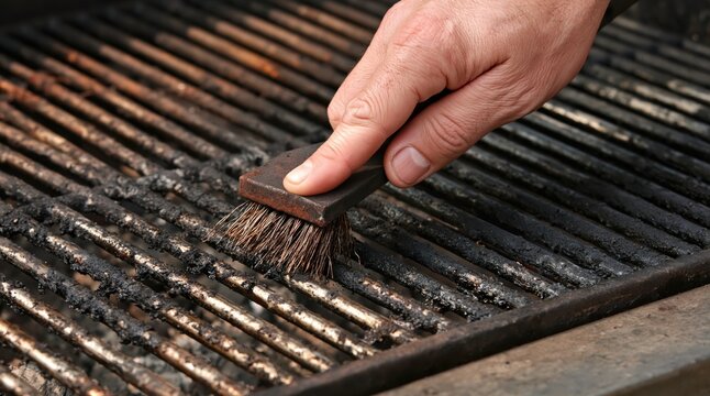 Hand cleaning dirty grill grate with metal wire brush