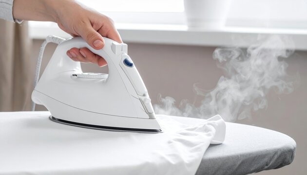 Modern garment steamer removing wrinkles from cotton t-shirt at home, household appliance concept