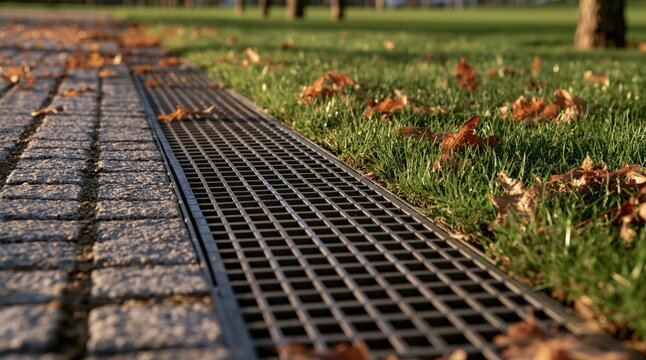 Metal drainage grate between stone pavement and green lawn with dry autumn leaves