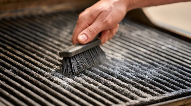 Hand cleaning dirty grill grate with brush
