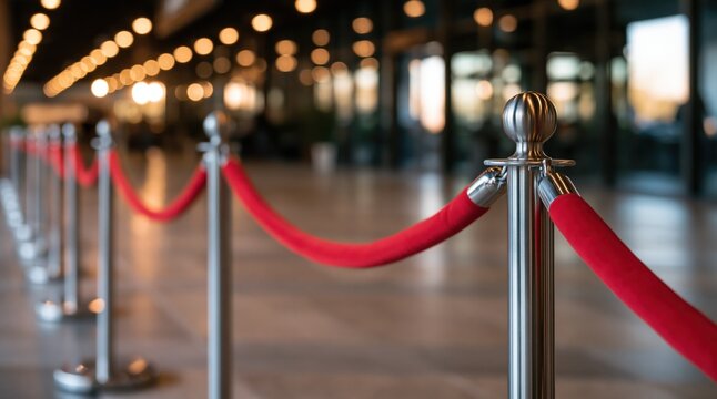 Silver stanchions with red velvet rope in entrance hall