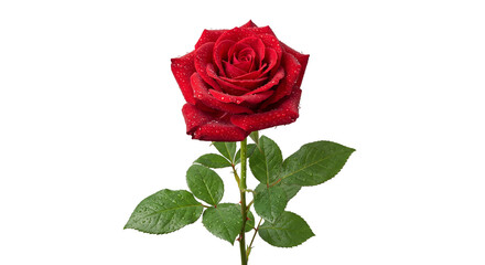 Naklejka premium Single red rose with water droplets on petals and leaves