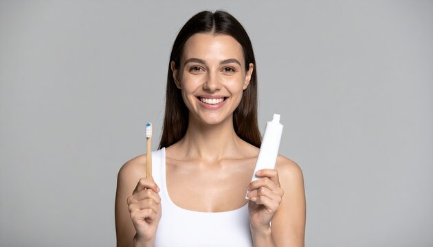 Young woman holding toothbrush and toothpaste while smiling confidently at camera, oral hygiene campaign, copy space