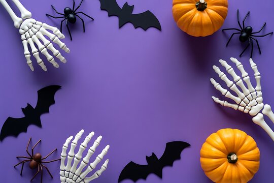 Halloween background with skeleton hands pumpkins spiders and bats on a purple surface with copy space
