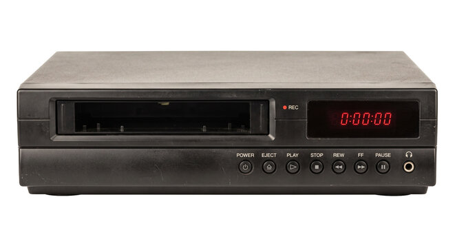 Vintage VCR player with digital display and control buttons on a white background