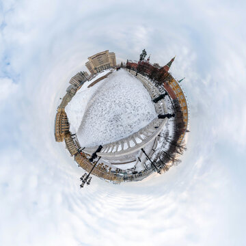 Russia Moscow 07 February 2026. View of Okhotny Ryad, the Kremlin, Four Seasons Hotel and State Historical Museum covered with snow. Historic buildings in central Moscow winter cityscape