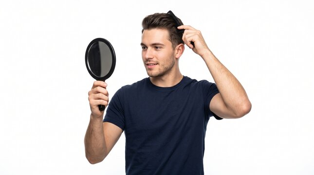Young man combing hair in front of a hand mirror