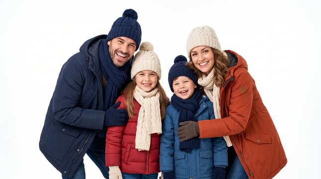 Happy Family In Winter Clothes Posing Together Smiling On White Background