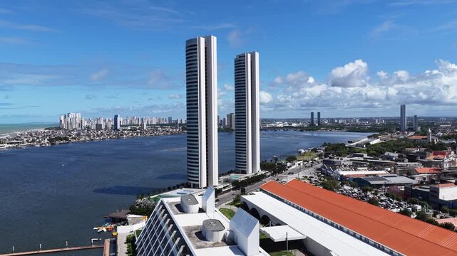 Convention Center In Recife In Pernambuco Brazil. Riverfront Landscape. Highrise Buildings. Downtown District. Convention Center In Recife In Pernambuco Brazil Northeast. Tourism Landmark Scenery.