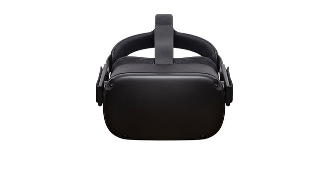 Modern black virtual reality headset with adjustable straps on a white background