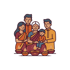 Fototapeta premium Indian family celebrating Diwali with traditional oil lamps.