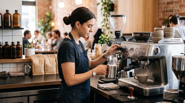 Barista making coffee at a modern espresso machine in a cafe