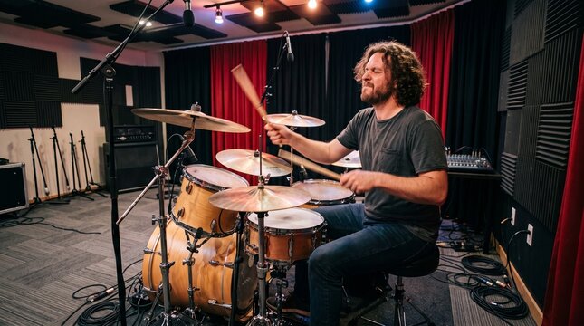 Musician playing drums in a recording studio with soundproofing