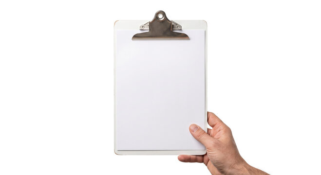 Hand holding a blank clipboard with white paper for notes and writing