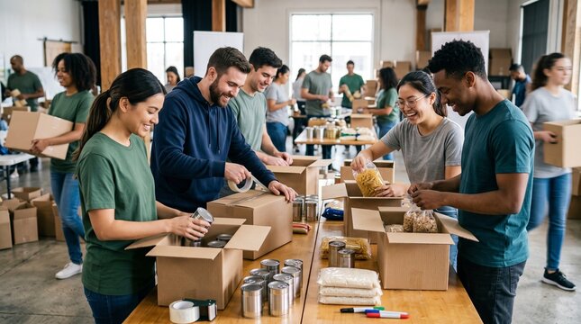 Diverse volunteers packing food donations for charity in a warehouse setting