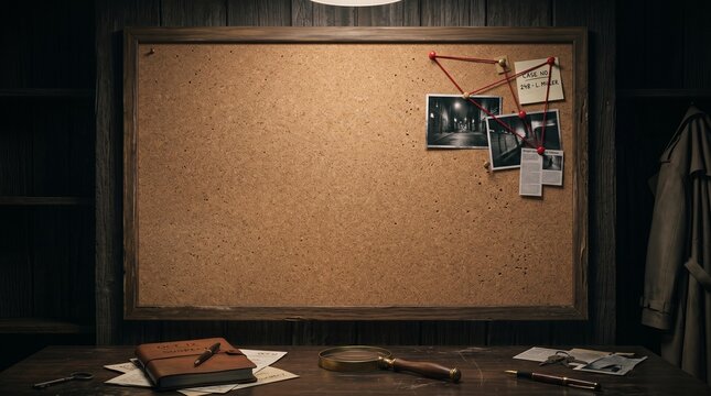 Detective Evidence Cork Board with Red String and Blank Copy Space