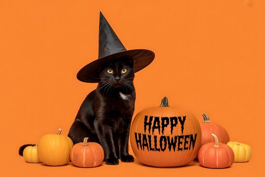 A cute black kitten wearing a witch hat sitting next to pumpkins with happy halloween text