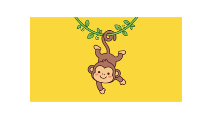 Fototapeta premium Cute cartoon monkey hanging from a green jungle vine.