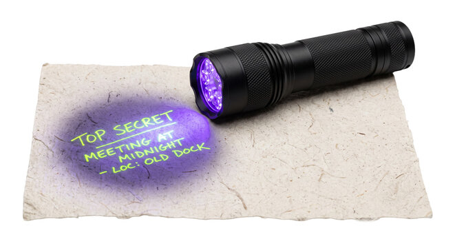 Revealing hidden message with UV light on secret document