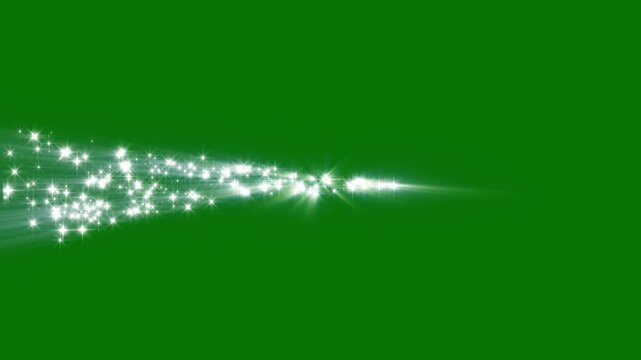 Glittering infinity loop formed by sparkling white stars in 4k on green screen with radiant light rays and flowing trail overlay for chroma key video VFX