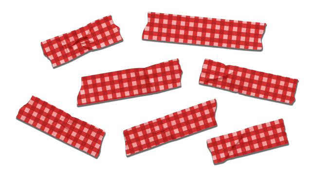 Set of red and white checkered washi tape strips isolated on transparent background