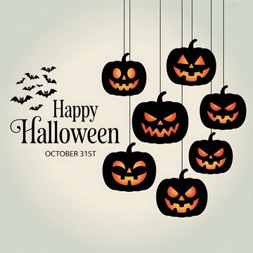 Happy halloween greeting card design with hanging carved pumpkins and a swarm of flying bats on beige