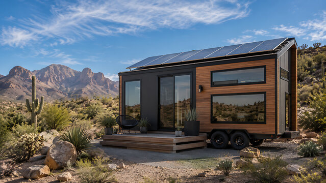 Tiny house with solar panels in desert landscape with mountain backdrop