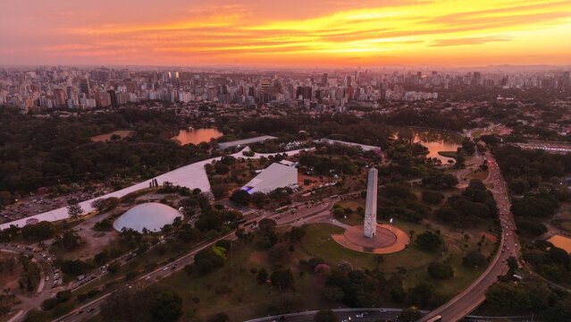 Aerial view of Ibirapuera Obelisk and Ibirapuera Park during sunset - S&atilde;o Paulo, Brazil