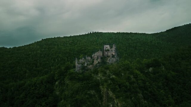 Starhrad Castle Ruins Above the V&aacute;h River &ndash; Slovakia Aerial Landscape in 4K