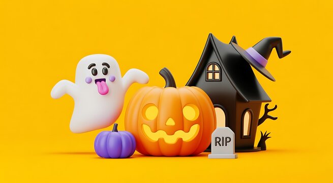 Cute 3d halloween composition featuring a friendly ghost a carved pumpkin a haunted house and a tombstone