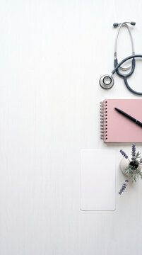 Medical desk with stethoscope notebook pen and lavender plant flat lay