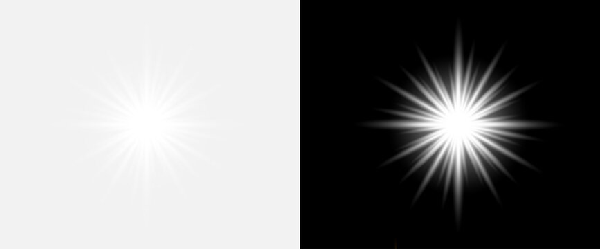 Bright white starburst light effect on transparent background for design and graphics