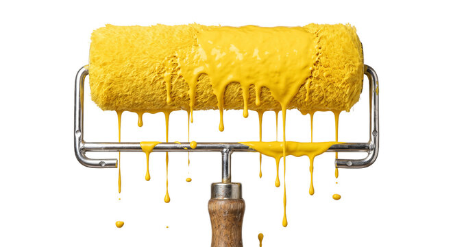 Yellow paint dripping from a roller brush onto a metal frame