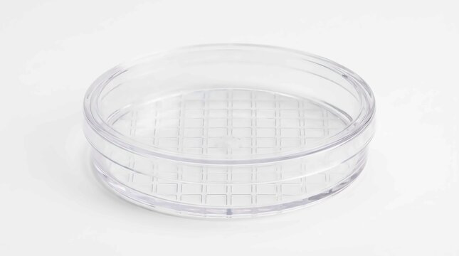 Empty round plastic petri dish with a grid base sitting on a clean white laboratory surface