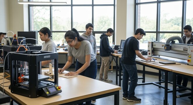High school makerspace with 3D printers and CNC tools, students prototyping engineering projects