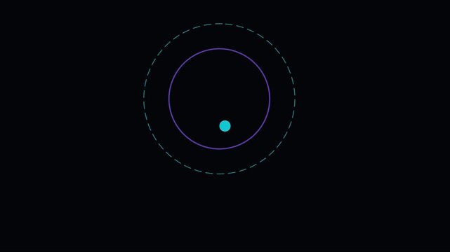 Minimalist abstract motion with cyan dot orbiting inside purple circle and dashed ring on animation 4k black background