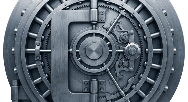 Close-up view of a heavy-duty bank vault door with intricate locking mechanism and gears