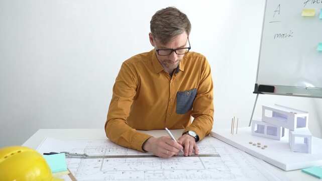 Architect or engineer working on architectural blueprints, drawing construction plans, designing a building project, and planning future development in an office