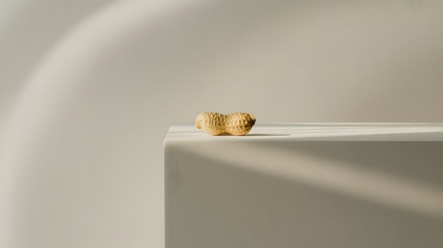 Single organic peanut resting on a white minimalist platform under soft natural morning sunlight casting shadows