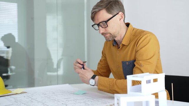 Architect working on architectural blueprint and scale model, designing and planning a new building project, focusing on engineering details and construction plans in a modern office
