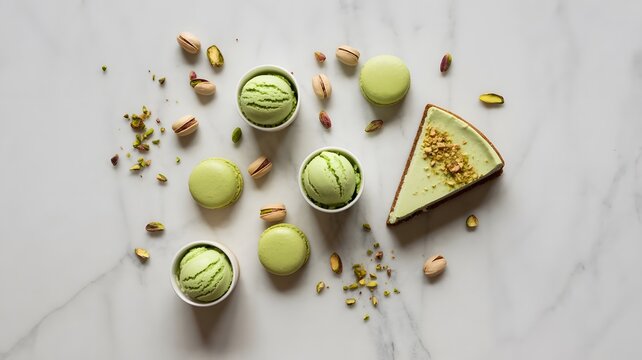 Pistachio flavored green desserts including creamy ice cream scoops macarons and sliced tart on marble