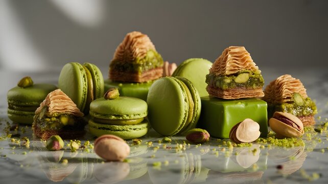 Pistachio flavored green macarons and baklava desserts displayed beautifully on a sleek white marble surface