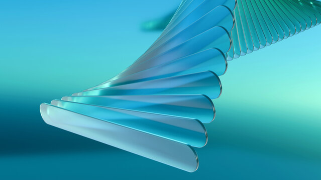Modern blue and green 3D render of a twisting spiral glass structure. Ideal background for technology, science, modern design, business presentation, cover, and website header