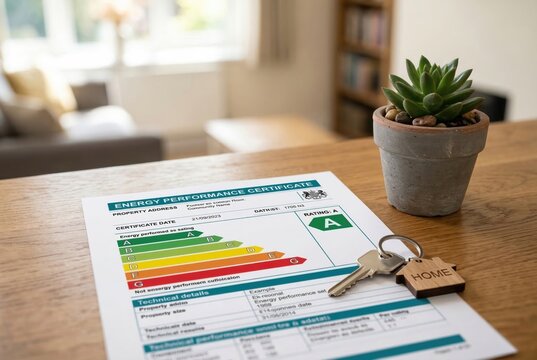Energy performance certificate rating A on wooden table with house key