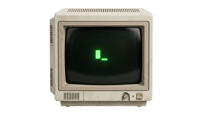 Vintage computer monitor with green glowing cursor on a white background