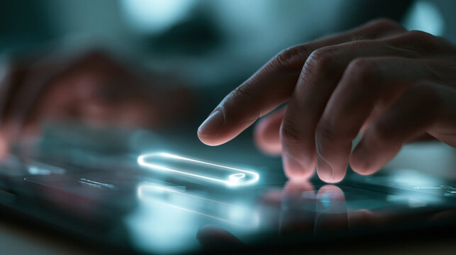 Hand Touching Glowing Search Bar on Digital Touchscreen