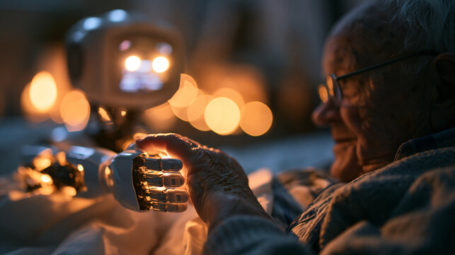 Senior Man Holding Hand of Companion Robot at Home