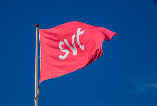 Gothenburg, Sweden - June 23 2026: Pink and blue service flags waving against vivid sky.