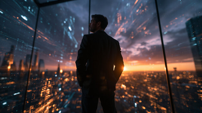 Businessman Looking at Futuristic Digital City Skyline at Sunset