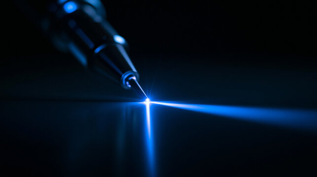 Precision Laser Cutting Head Emitting Bright Blue Beam
